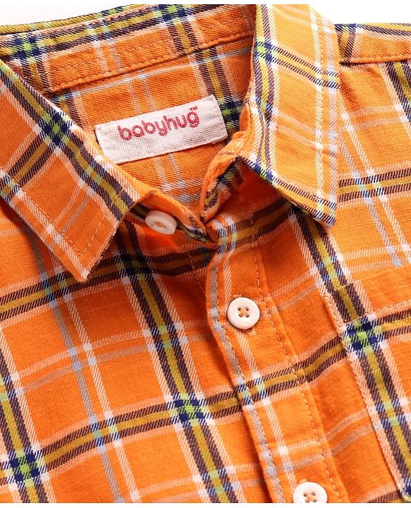 Babyhug Cotton Knit Half Sleeves Checkered Shirt - Orange