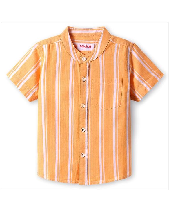 Babyhug Cotton Knit Half Sleeves Mandarin Collar Striped Shirt - Orange