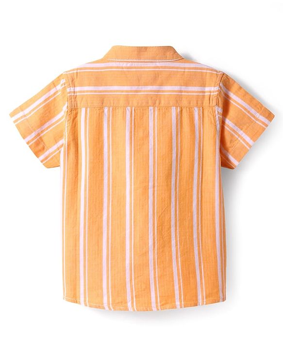 Babyhug Cotton Knit Half Sleeves Mandarin Collar Striped Shirt - Orange