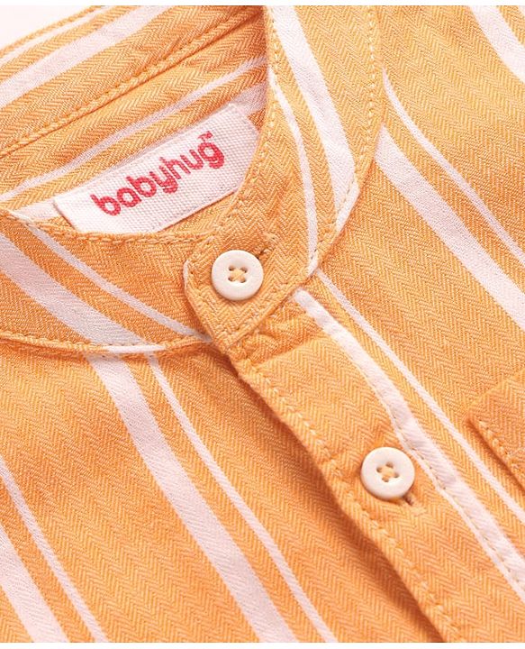 Babyhug Cotton Knit Half Sleeves Mandarin Collar Striped Shirt - Orange