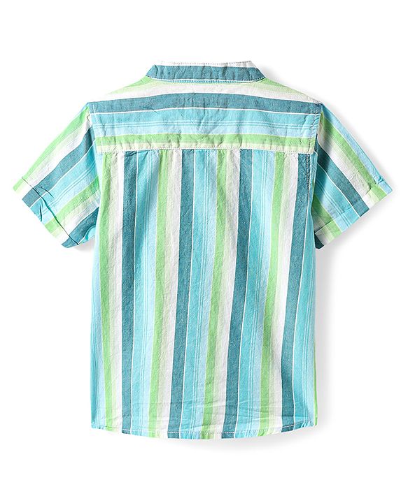 Babyhug Cotton Woven Half Sleeves Striped Shirt With Mandarin Collar - Blue & Green