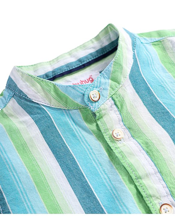 Babyhug Cotton Woven Half Sleeves Striped Shirt With Mandarin Collar - Blue & Green