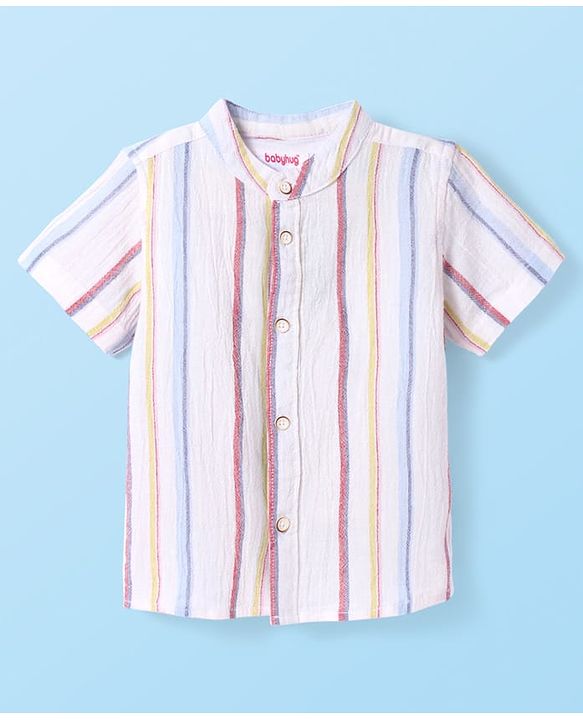 Babyhug Cotton Woven Half Sleeves Mandarin Collar Stripe Shirt - White & Pink