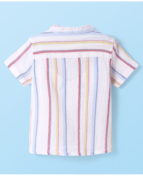 Babyhug Cotton Woven Half Sleeves Mandarin Collar Stripe Shirt - White & Pink
