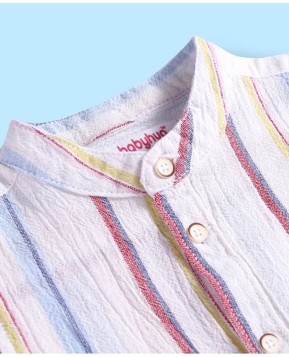 Babyhug Cotton Woven Half Sleeves Mandarin Collar Stripe Shirt - White & Pink