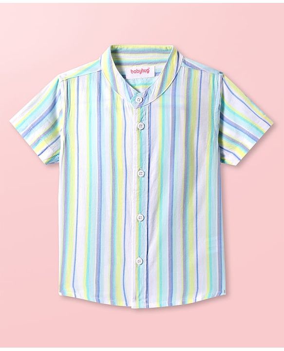 Babyhug Cotton Woven Half Sleeves Mandarin Collar Shirt with Stripes -Light Blue & White