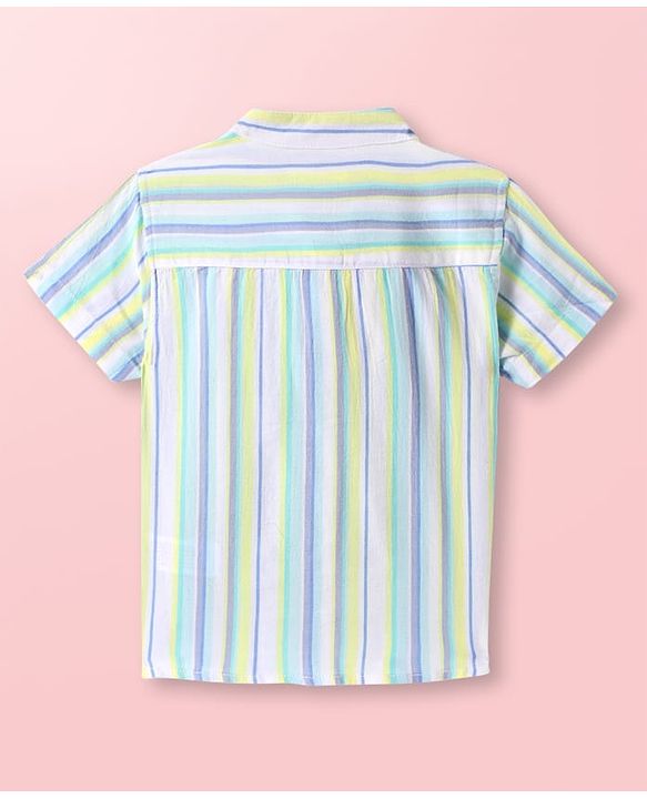 Babyhug Cotton Woven Half Sleeves Mandarin Collar Shirt with Stripes -Light Blue & White