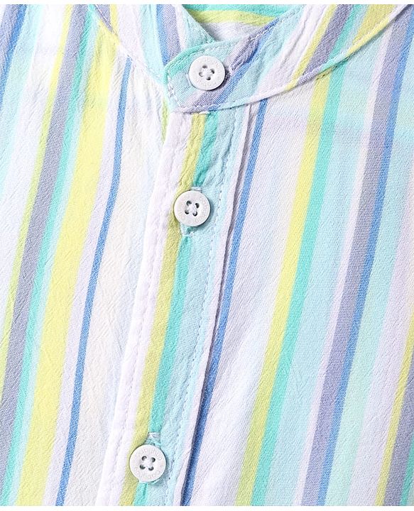 Babyhug Cotton Woven Half Sleeves Mandarin Collar Shirt with Stripes -Light Blue & White