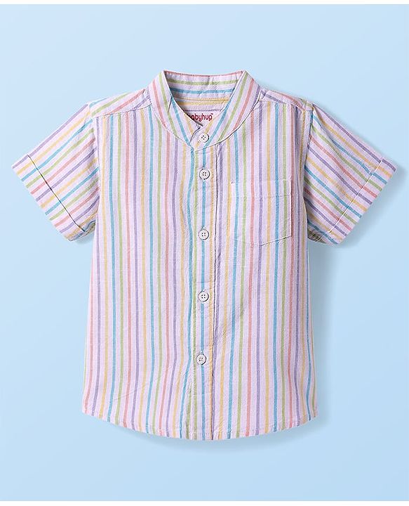 Babyhug Cotton Woven Half Sleeves Mandarin Collar Stripe Shirt - White & Pink