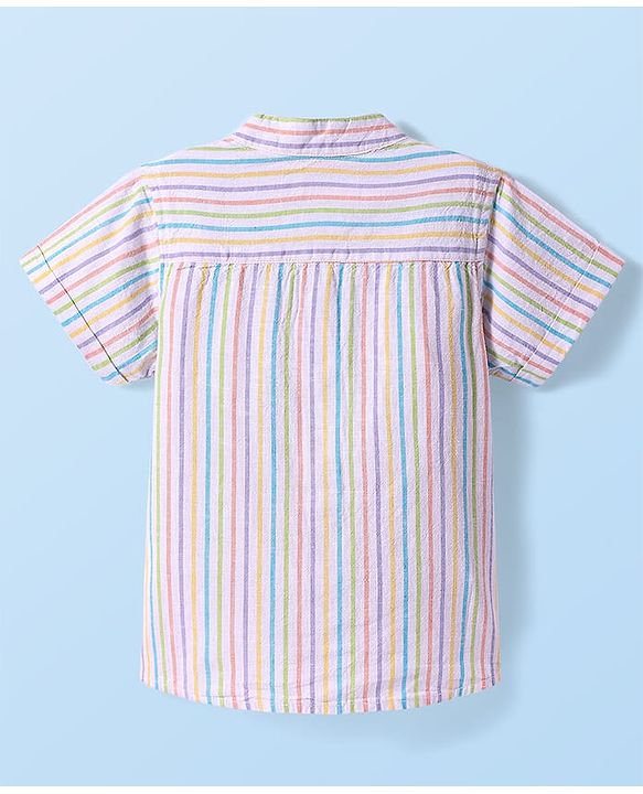 Babyhug Cotton Woven Half Sleeves Mandarin Collar Stripe Shirt - White & Pink