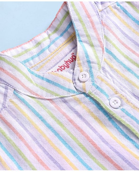Babyhug Cotton Woven Half Sleeves Mandarin Collar Stripe Shirt - White & Pink
