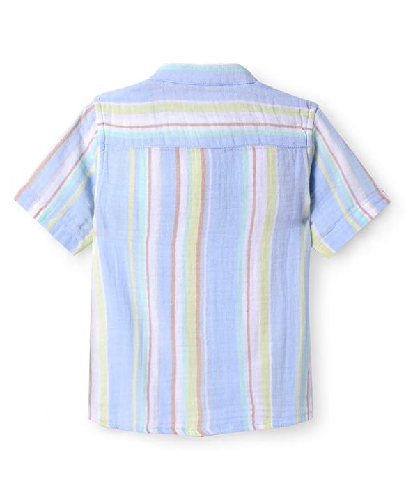 Babyhug Cotton Woven Half Sleeves Mandarin Collar Stripe Shirt - Light Blue