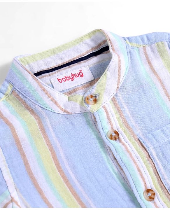 Babyhug Cotton Woven Half Sleeves Mandarin Collar Stripe Shirt - Light Blue