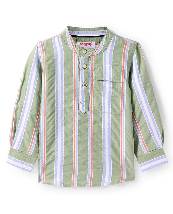 Babyhug Cotton Woven Full Sleeves Mandarin Collar Kurta Type Shirt with Stripes - Olive Green