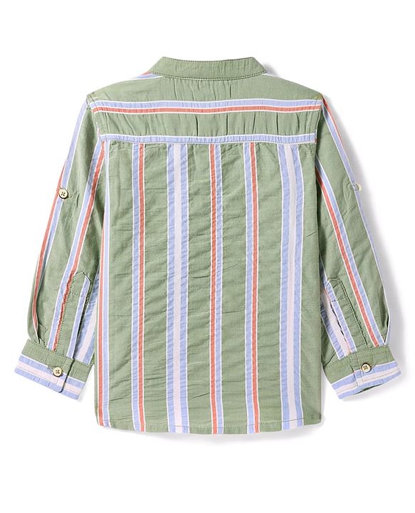 Babyhug Cotton Woven Full Sleeves Mandarin Collar Kurta Type Shirt with Stripes - Olive Green