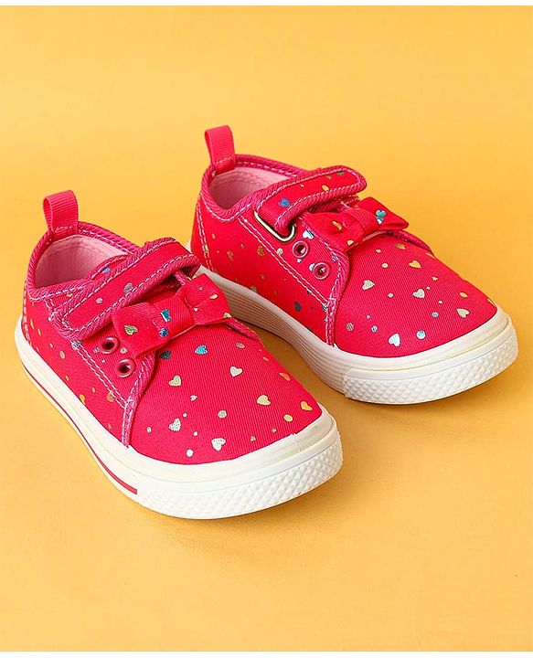 Cute Walk by Babyhug Velecro Closure Heart Printed Casual Shoes with Bow Applique - Dark Pink