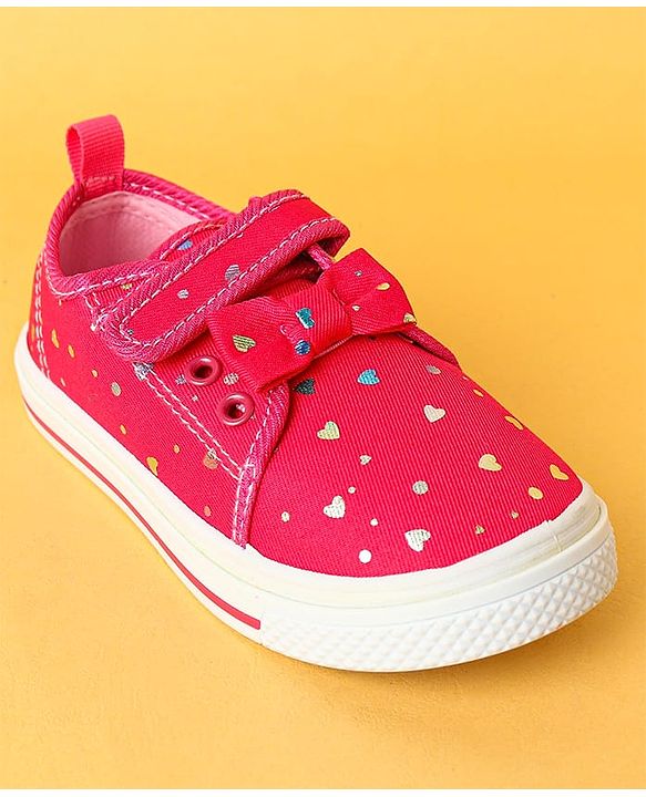 Cute Walk by Babyhug Velecro Closure Heart Printed Casual Shoes with Bow Applique - Dark Pink