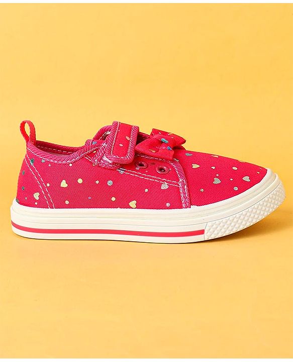 Cute Walk by Babyhug Velecro Closure Heart Printed Casual Shoes with Bow Applique - Dark Pink