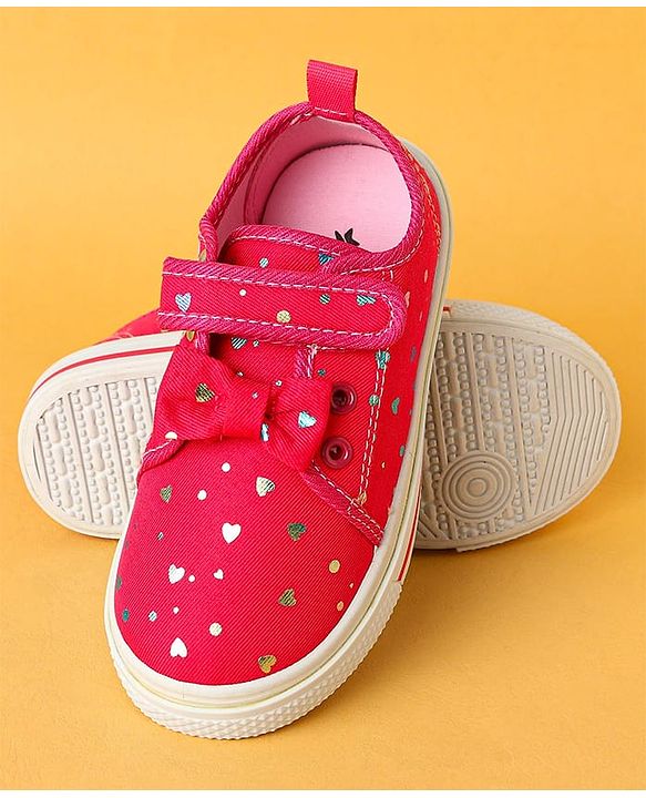 Cute Walk by Babyhug Velecro Closure Heart Printed Casual Shoes with Bow Applique - Dark Pink