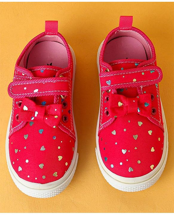 Cute Walk by Babyhug Velecro Closure Heart Printed Casual Shoes with Bow Applique - Dark Pink