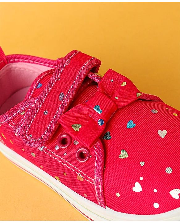 Cute Walk by Babyhug Velecro Closure Heart Printed Casual Shoes with Bow Applique - Dark Pink