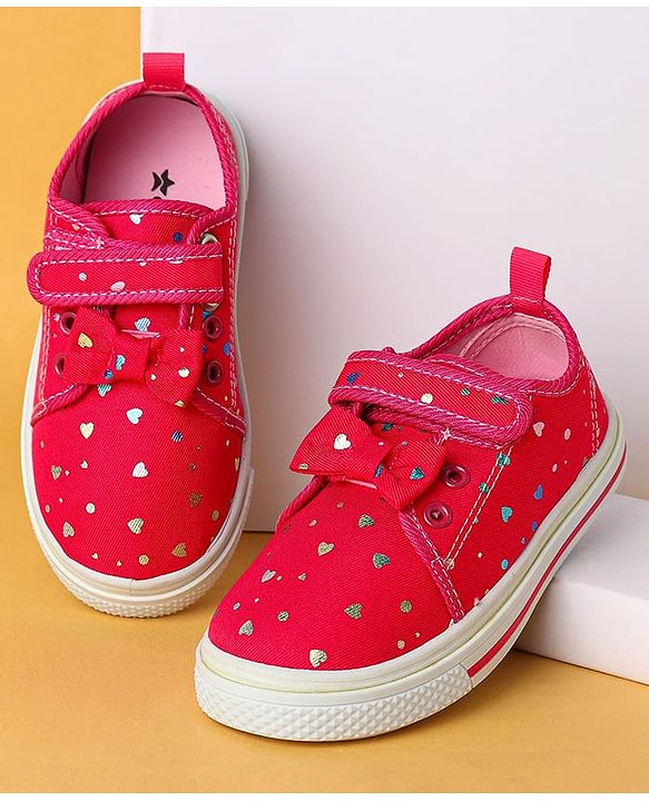 Cute Walk by Babyhug Velecro Closure Heart Printed Casual Shoes with Bow Applique - Dark Pink
