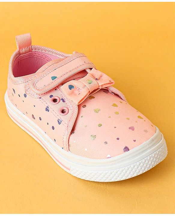 Cute Walk by Babyhug Velecro Closure Heart Printed Casual Shoes with Bow Applique - Dark Pink
