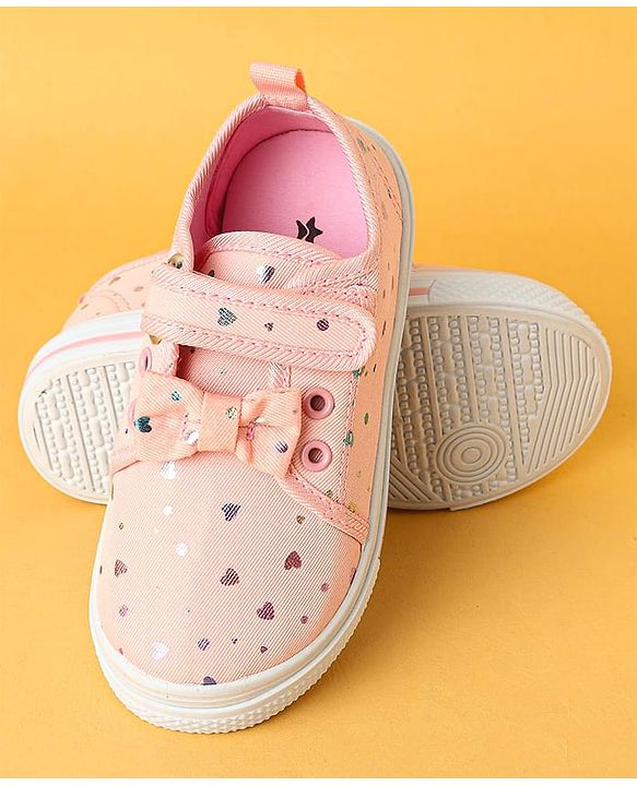 Cute Walk by Babyhug Velecro Closure Heart Printed Casual Shoes with Bow Applique - Dark Pink