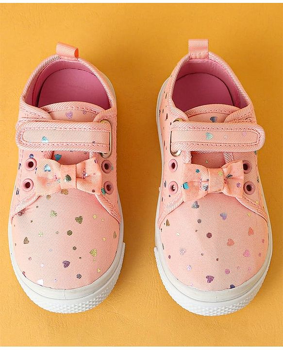 Cute Walk by Babyhug Velecro Closure Heart Printed Casual Shoes with Bow Applique - Dark Pink