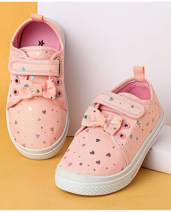 Cute Walk by Babyhug Velecro Closure Heart Printed Casual Shoes with Bow Applique - Dark Pink