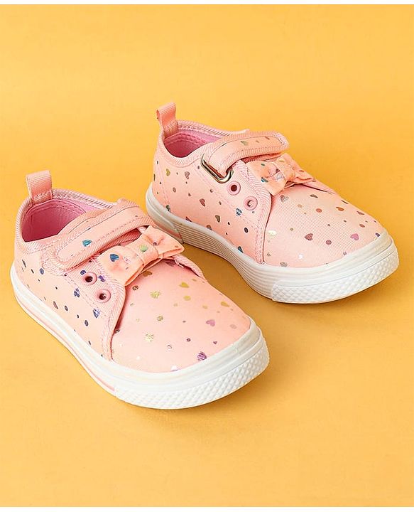 Cute Walk by Babyhug Velecro Closure Heart Printed Casual Shoes with Bow Applique - Dark Pink