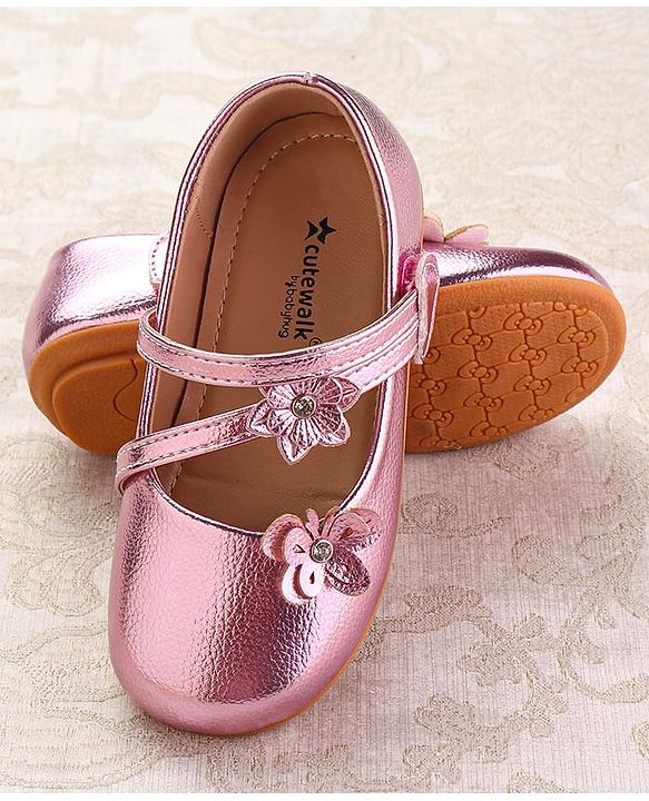 Cute Walk by Babyhug Velcro Closure Ballerina with Floral Applique - Pink
