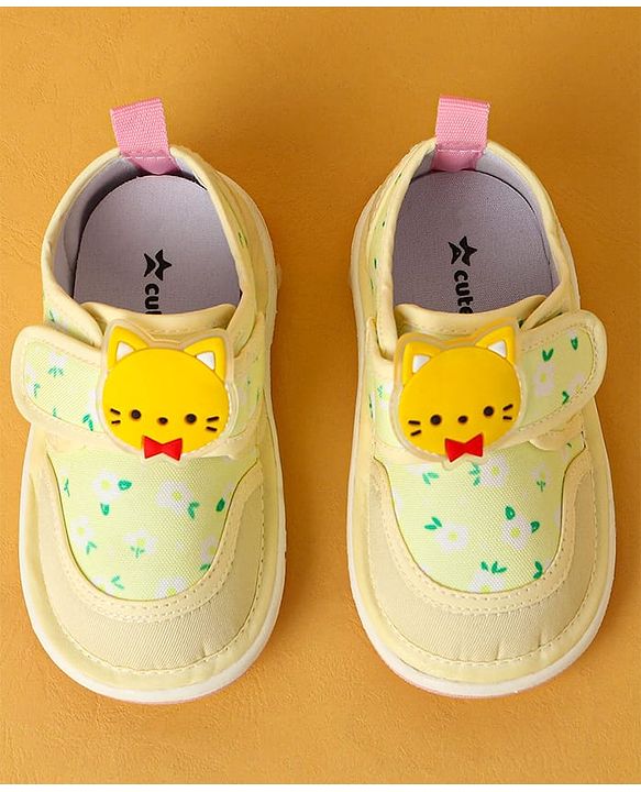 Cute Walk by Babyhug Velcro Closure Casual Shoes with Kitty Patch - Light Yellow