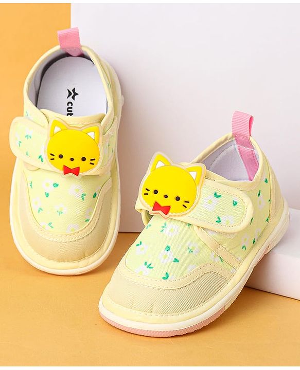 Cute Walk by Babyhug Velcro Closure Casual Shoes with Kitty Patch - Light Yellow
