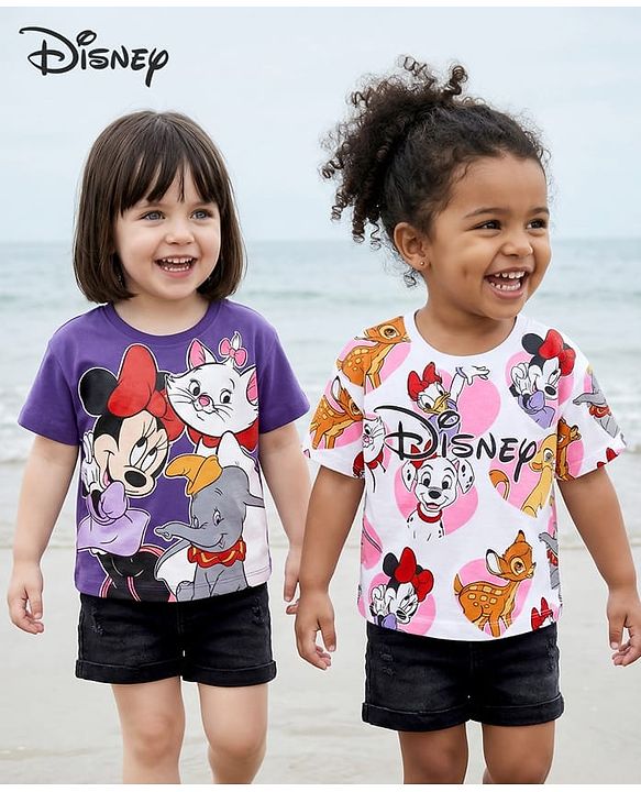 Babyhug Disney Single Jersey Knit  Half Sleeve T-Shirt With Disney Character Graphic Pack Of 2 - Purple & White
