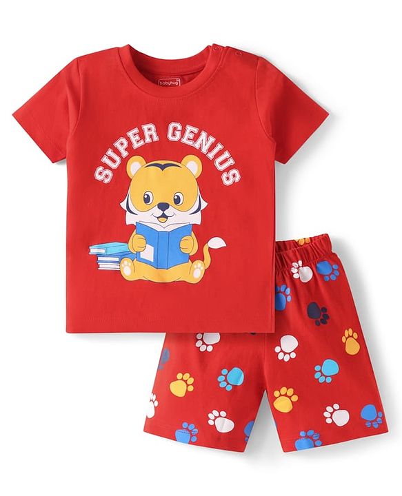 Babyhug Cotton Knit Half Sleeves  Shorts Night Suit with Bear Print - Red