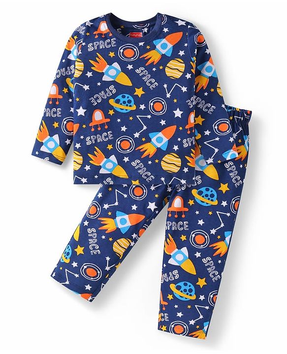 Babyhug Cotton Knit Full Sleeves Night Suit with Space Theme Print - Navy Blue