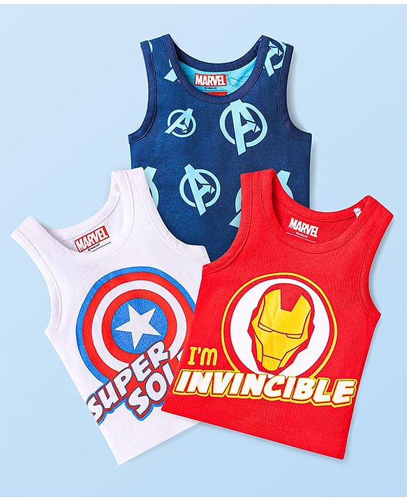 Babyhug Marvel Knit Sleeveless Vests With Avengers Graphics Pack Of 3 - Red Blue & White