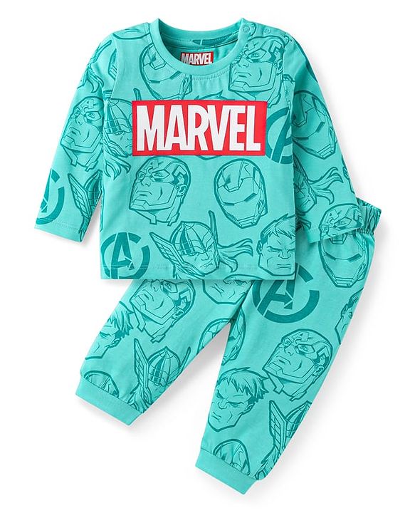 Babyhug Marvel Single Jersey Knit Full Sleeves Night Suit with Avengers Graphics - Mint