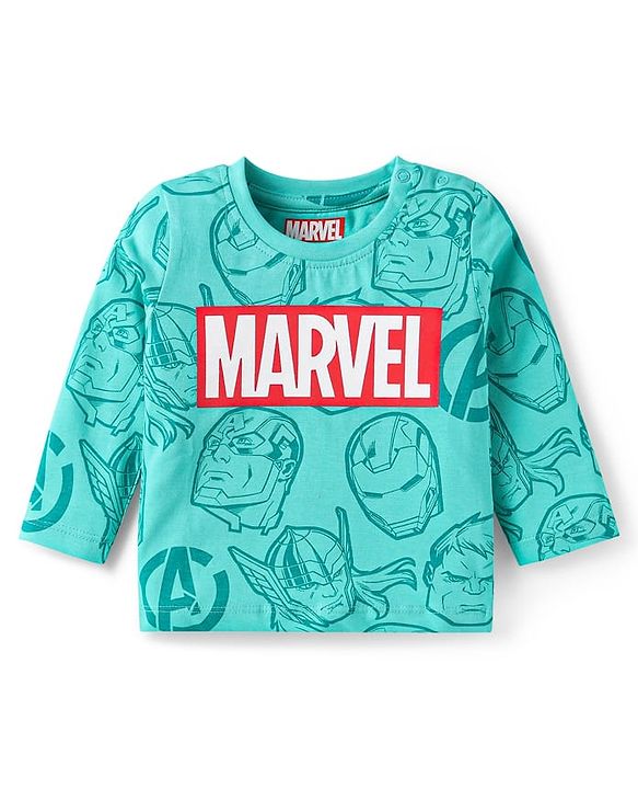 Babyhug Marvel Single Jersey Knit Full Sleeves Night Suit with Avengers Graphics - Mint