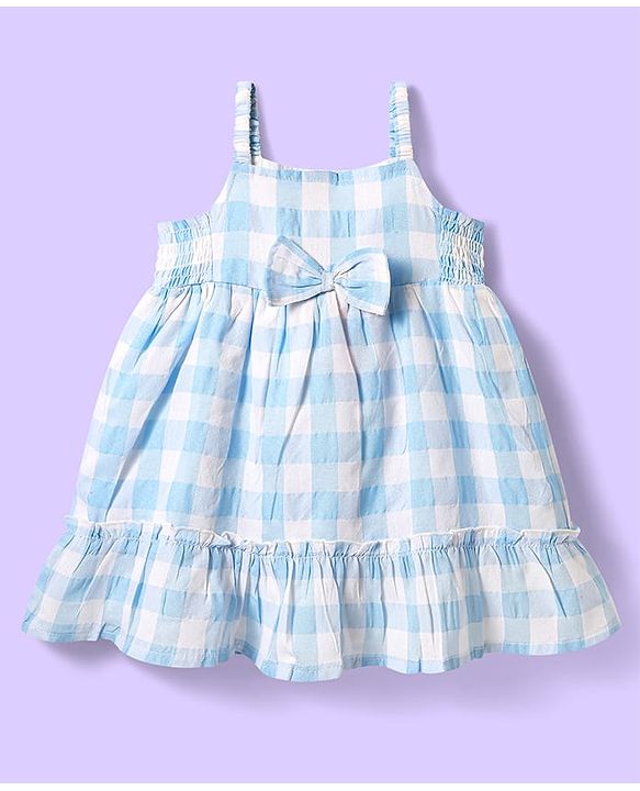 Babyhug Single Jersey Knit Sleeveless Frock with Checks & Bow Applique - White & Light Blue