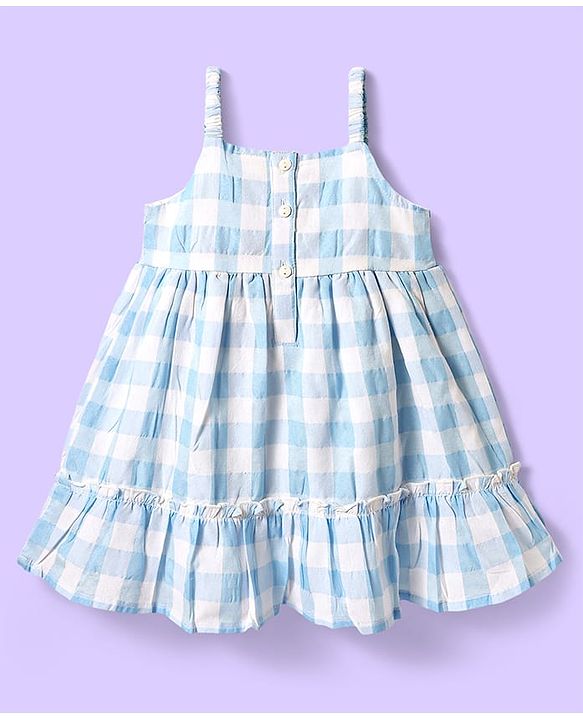 Babyhug Single Jersey Knit Sleeveless Frock with Checks & Bow Applique - White & Light Blue