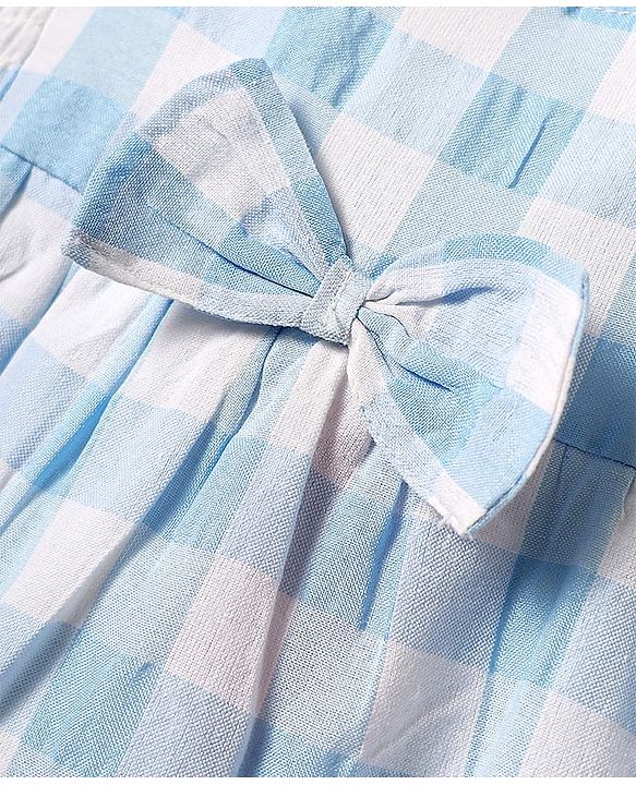 Babyhug Single Jersey Knit Sleeveless Frock with Checks & Bow Applique - White & Light Blue
