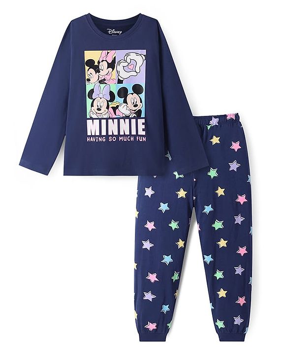 Pine Kids Disney Single Jersey Knit Full Sleeves Night Suit with Minnie & Friends Graphics - Navy Blue