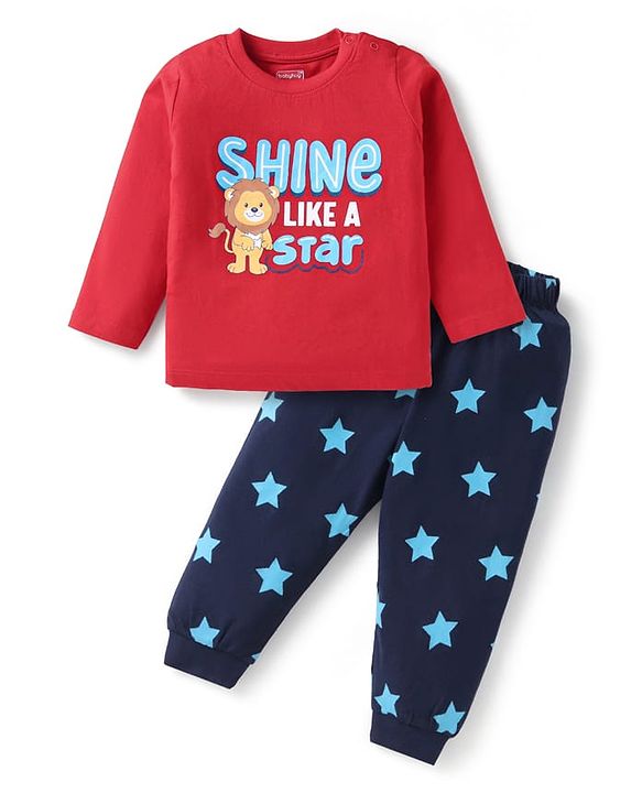 Babyhug Cotton Knit Full Sleeves Night Suit with Text Print - Red & Navy Blue