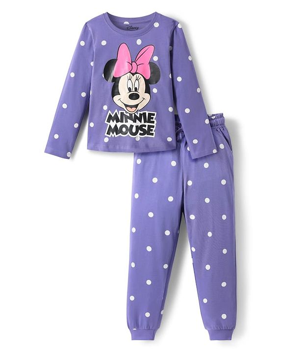 Pine Kids Disney Single Jersey Knit Full Sleeves Night Suit with Minnie Mouse Graphics - Purple