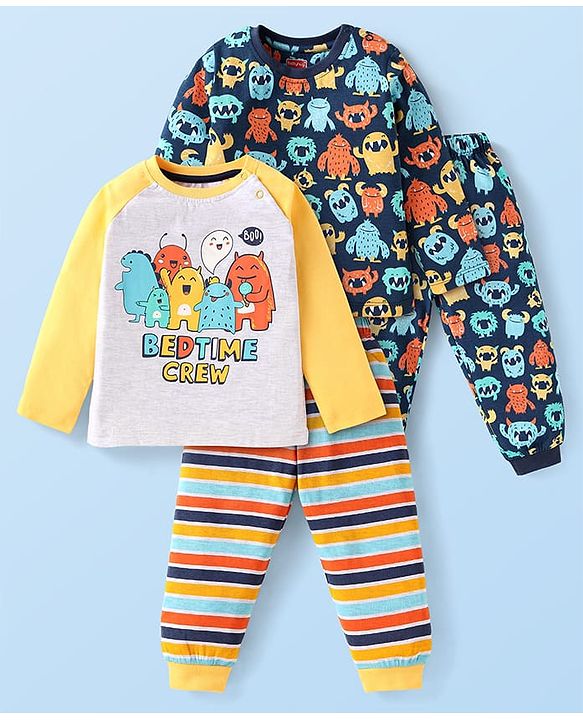 Babyhug Cotton Knit Full Sleeves Night Suit Monstar Print Pack of 2 - Navy & Yellow