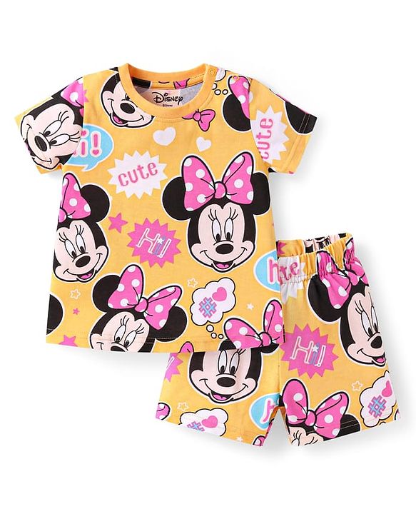 Babyhug Disney Single Jersey Knit Half Sleeves  Co-ords Shorts Night Suit with Minnie Mouse Graphics - Yellow