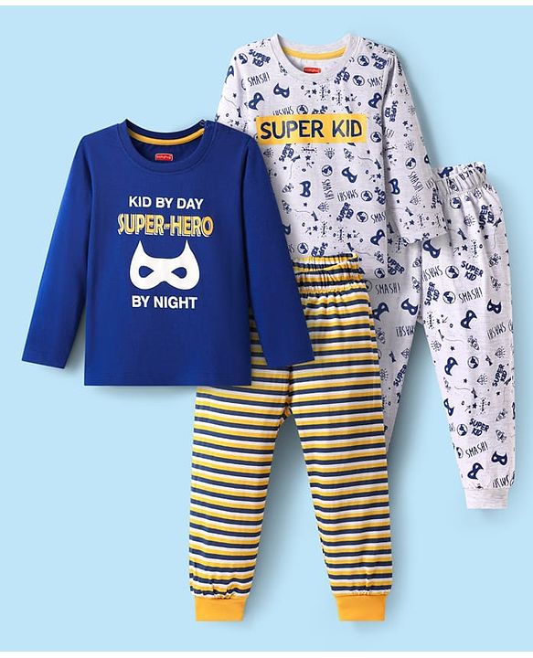 Babyhug Cotton Knit Front Open Full Sleeves Night Suit with Floral Print - Navy Blue