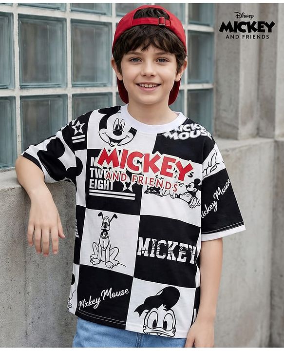 Pine Kids Disney Terry Knit Half Drop Shoulder Sleeves Oversized T-Shirt with Mickey Mouse Gel Print - Black & White